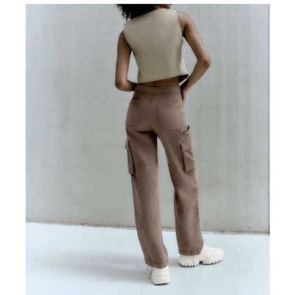 Zara high waisted cargo pants mocha brown WORN ONCE/DRY CLEANED (US6) - Picture 2 of 7